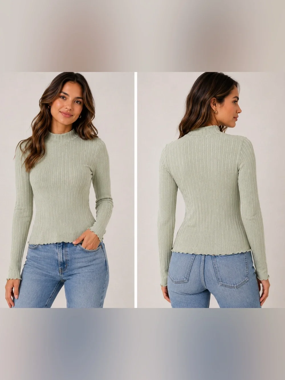 Lefties | Lettuce Edge Mocked Neck Ribbed Long Sleeve Top